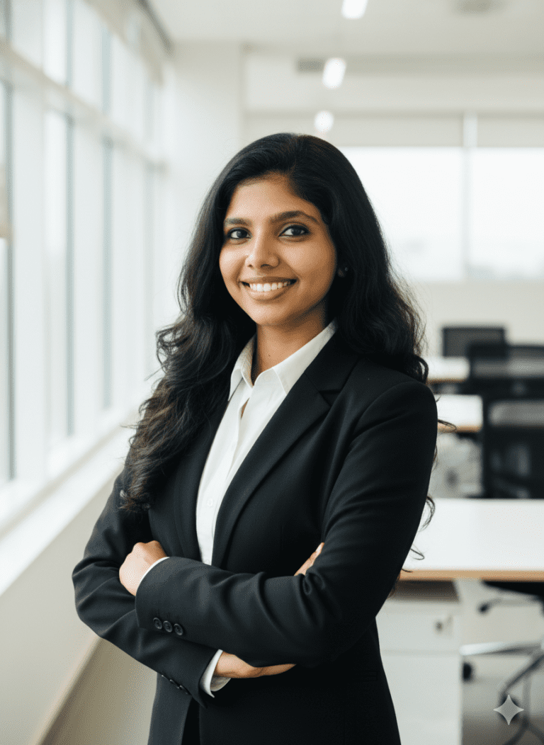 A cheerful Indian businesswoman in an office setting, showcasing her role as a digital marketing freelancer in Kerala.